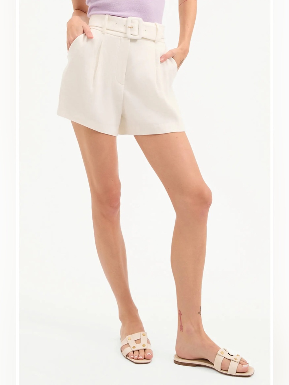 NWT Veronica Beard Ivory ‘Piper’ Pleated Linen-Blend Belted Shorts, Size 6